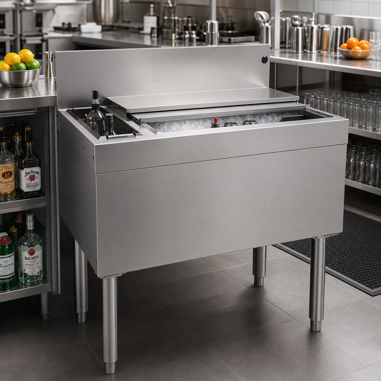 Product image #2 for Glastender 30-Inch Underbar Stainless Steel Combo Ice Bin/Cocktail Unit with Left 3-Bottle Storage and 10-Circuit Cold Plate