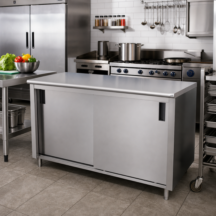 Product image #2 for Advance Tabco Enclosed Work Table with Cabinet Base, Mid-Shelf, Sliding Doors, 60 x 24 Inches, 14-Gauge 304 Stainless Steel Top