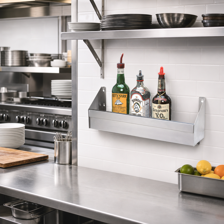 Product image #2 for Advance Tabco Special Value Single-Tier Speed Rail, 24 Inch, 5-6 Bottle Capacity, Stainless Steel, Keyhole Mounted