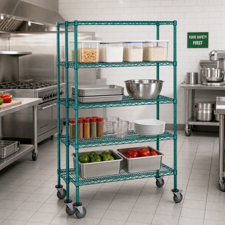 Product image #2 for Quantum 60 Inch Wide 4-Shelf Mobile Wire Shelving Cart with 5 Inch Casters, Green Epoxy Antimicrobial Finish