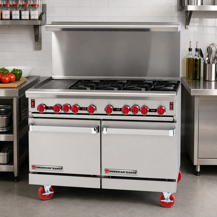 Product image #2 for American Range 48-Inch Green Flame Stainless Steel Gas Range with Left 12-Inch Griddle, 6 Open Burners, and 2 Space Saver Ovens