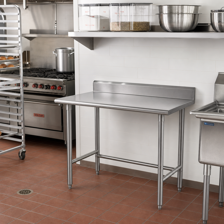 Product image #2 for Advance Tabco Special Value Series 30 x 24 Open Base 430 Stainless Steel Work Table with 5-Inch Backsplash