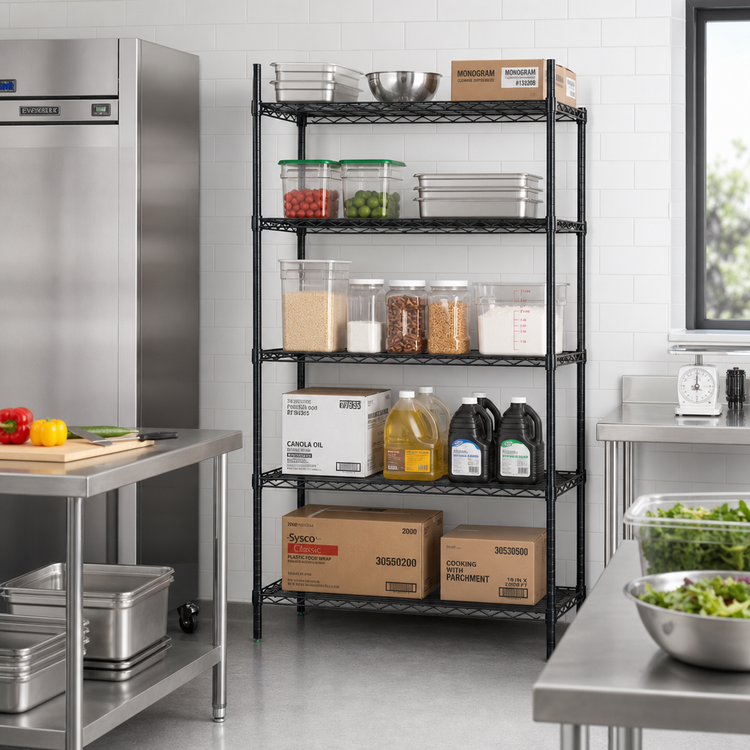Product image #2 for Quantum 72 x 21 x 54 Inch Stationary Wire Shelving Starter Kit with 5 Shelves, Black Antimicrobial Epoxy Finish