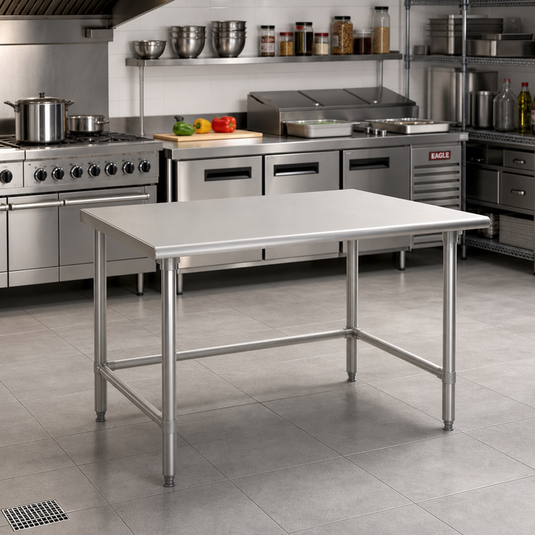 Product image #2 for Eagle Group Budget Series 60 Inch W x 36 Inch D 430 Stainless Steel Flat Top Work Table with Open Stainless Tubular Base