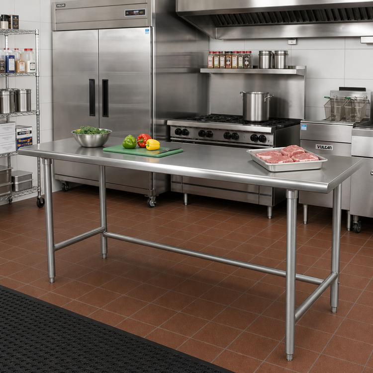 Product image #2 for Advance Tabco 120-Inch x 24-Inch 16 Gauge 304 Stainless Steel Flat Top Work Table with Galvanized Open Base
