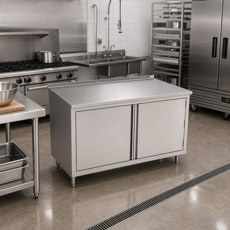 Product image #2 for John Boos Enclosed Work Table with Hinged Cabinet Doors, 60 x 24 In., Stainless Steel Top, 1-1/2 In. Rear Riser