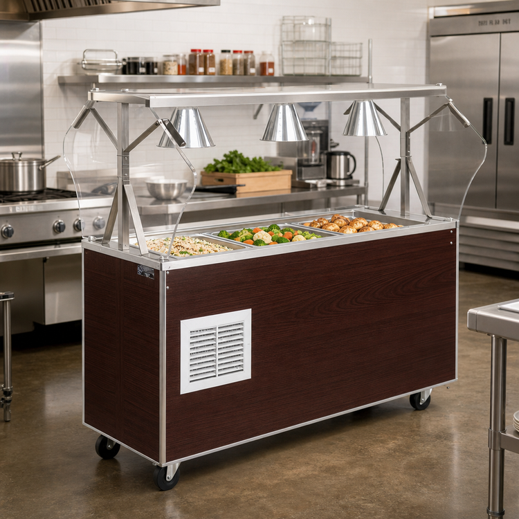 Product image #2 for Mobile Refrigerated Cafeteria Unit with NSF2-Certified Breath Guard, 3-Pan, Cherry Woodgrain