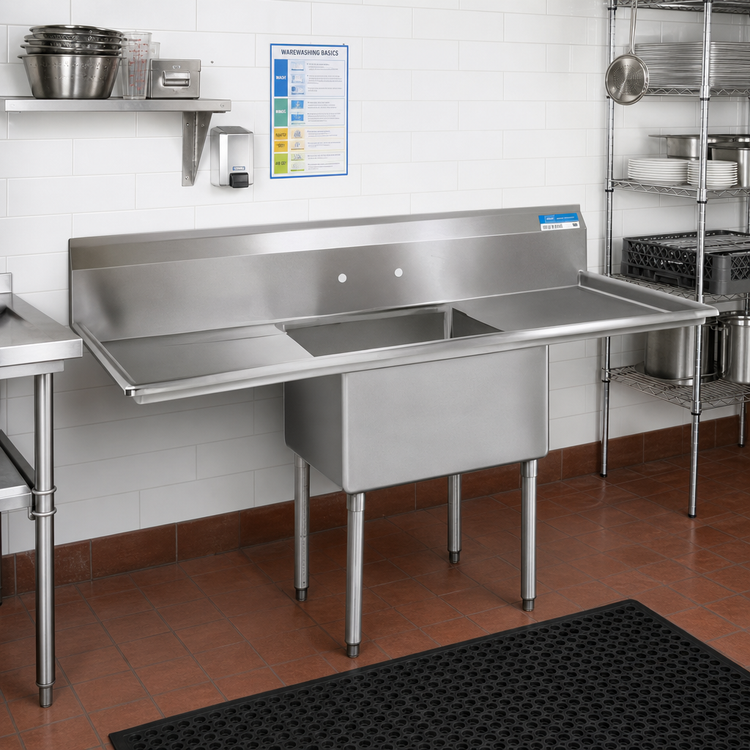 Product image #2 for BK Resources One-Compartment Double Drainboard Stainless Steel Compartment Sink with 9-Inch Backsplash, 52 x 25-13/16 Inches