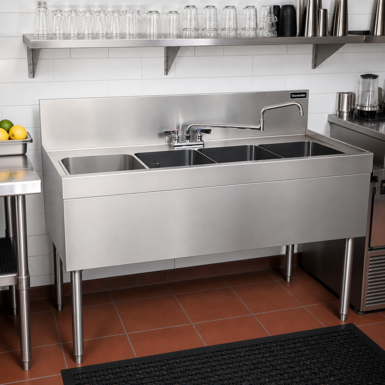 Product image #2 for Glastender Four-Compartment Underbar Sink Unit, 48" W x 24" D, Deck-Mount Faucet