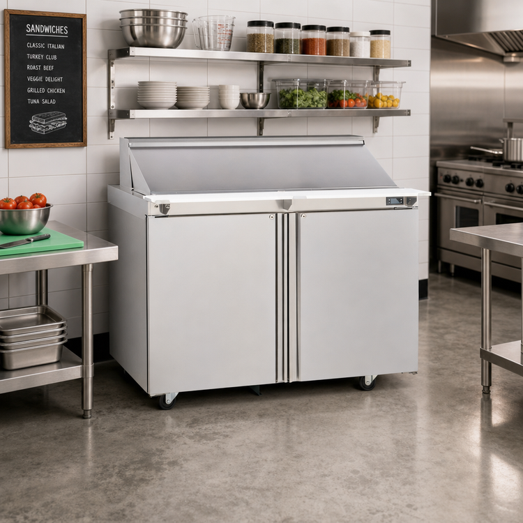 Product image #2 for Delfield Mega Top 48-Inch Two-Section Sandwich/Salad Prep Table Refrigerator, 2 Doors, 18-Pan, 16 Cu. Ft., Front-Breathing Self-Contained