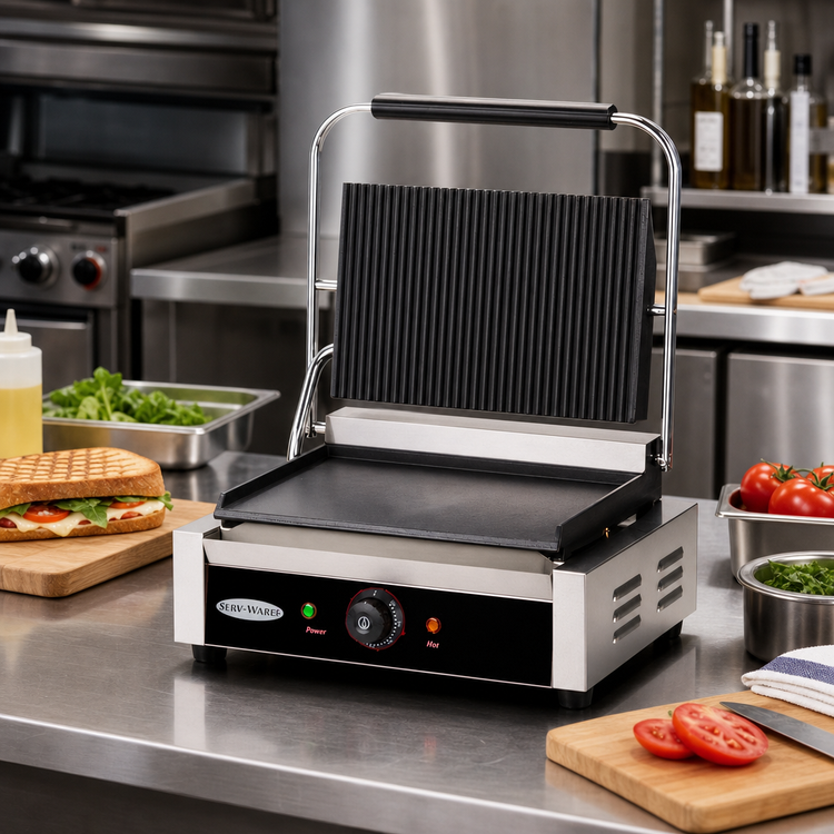Product image #2 for Serv-Ware Single Countertop Electric Panini Grill with Grooved Top and Flat Bottom