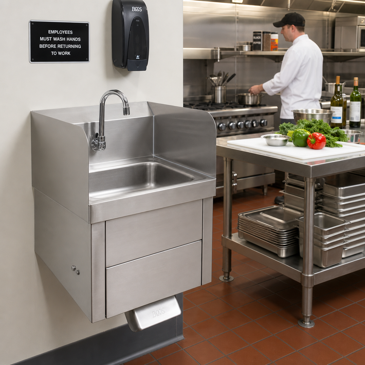 Product image #3 for John Boos Wall-Mount Knee-Activated Hand Wash Sink with Gooseneck Faucet, 14 x 10 x 5-Inch Bowl