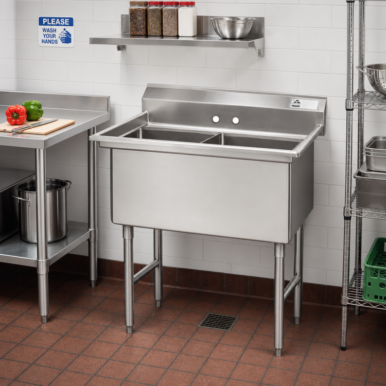 Product image #2 for Advance Tabco Special Value Series 2-Compartment Fabricated Sink with Legs, 18 x 18 x 14-Inch Bowls, No Drainboards