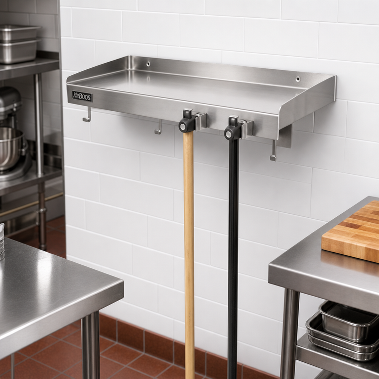Product image #2 for John Boos 24-Inch x 8-Inch Wall-Mounted Stainless Steel Utility Shelf with 1-1/2-Inch Riser and 2 Mop/Broom Holders