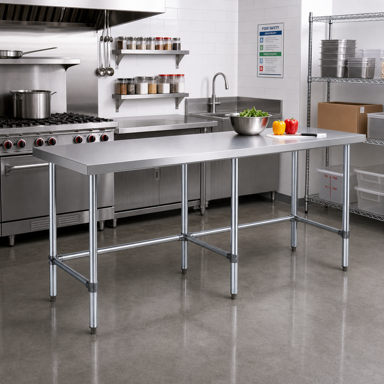 Product image #2 for Sapphire 84-Inch x 36-Inch 18-Gauge 430 Stainless Steel Flat Top Work Table with Open Base and Galvanized Legs