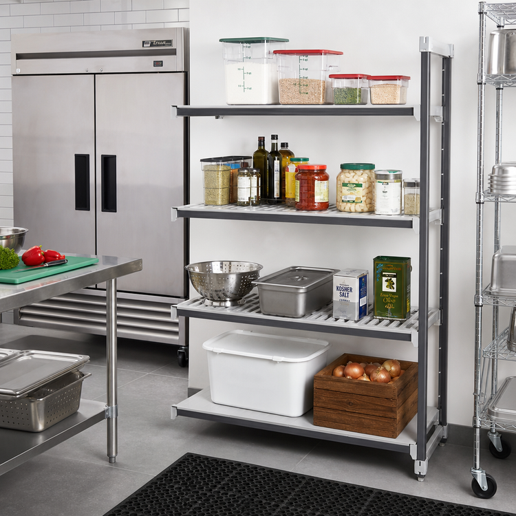 Product image #2 for Cambro Camshelving Elements XTRA Stationary Add-On Polymer Shelving Unit, 42"W x 24"D x 64"H, 4-Shelf Vented/Solid, Speckled Gray