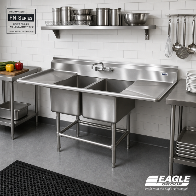 Product image #2 for Eagle Group Spec-Master FN Series Coved Corner Two-Compartment Sink with 24-Inch Right Drainboard