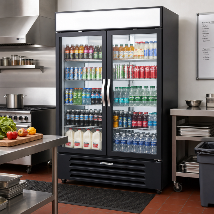 Product image #2 for Beverage-Air MarketMax Two-Section Pass-Thru Reach-In Refrigerated Merchandiser with Double-Pane Glass Front Doors and Solid Rear Doors, 48.05 Cu. Ft.