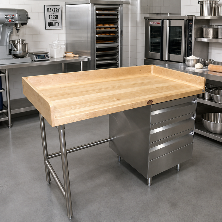 Product image #2 for Advance Tabco 48" x 30" Bakers' Table with Wood Top, 3-Tier Right-Side Drawers, and 4" Rear/Side Splash