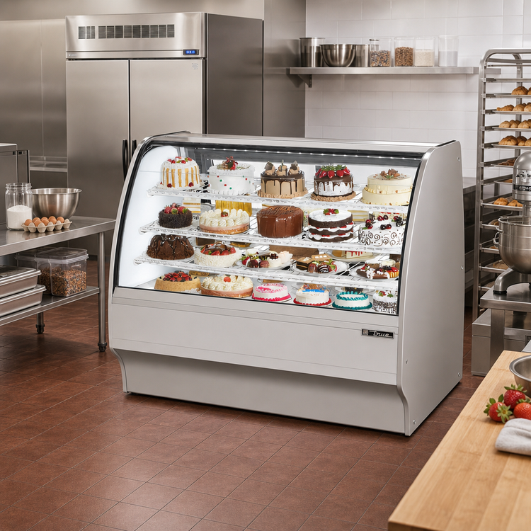 Product image #2 for True 59-1/4 Inch Curved Glass Self-Contained Refrigerated Bakery Display Case with Solid Colored Ends, Stainless Steel Exterior, White Interior