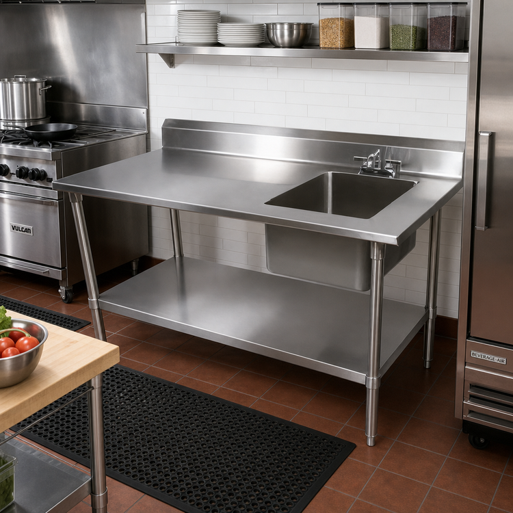 Product image #2 for John Boos 48-Inch x 30-Inch Stainless Steel Prep Table With Right-Side Sink Bowl and 5-Inch Backsplash