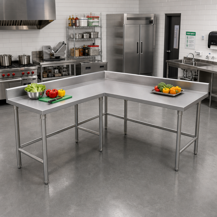 Product image #2 for Advance Tabco L-Shaped Stainless Steel Corner Work Table, 96 x 60 Inch, 30-Inch Deep, 14-Gauge 304 Top, 5-Inch Backsplash