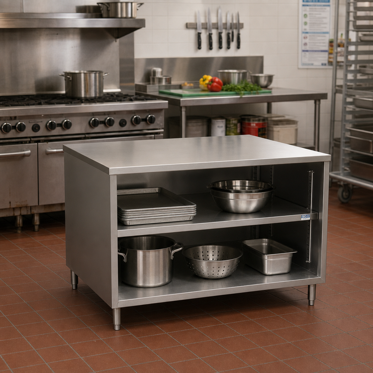 Product image #2 for BK Resources Chef Table Cabinet Base with Open Front, 30 x 30 Inches, 14-Gauge 304 Stainless Steel Flat Top