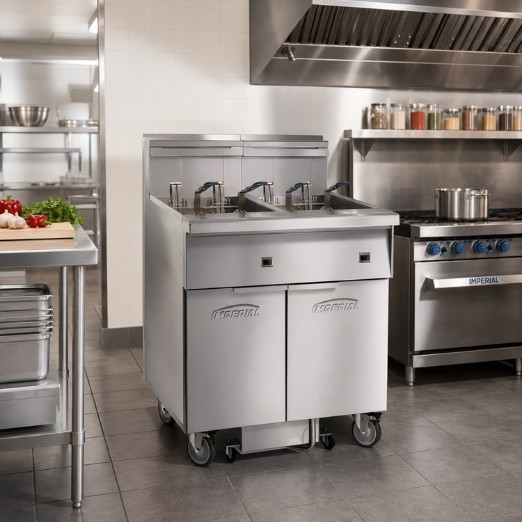 Product image #2 for Imperial 3-Battery Electric Floor Fryer with Built-In Space Saver Filter System, 75 lb. Tanks