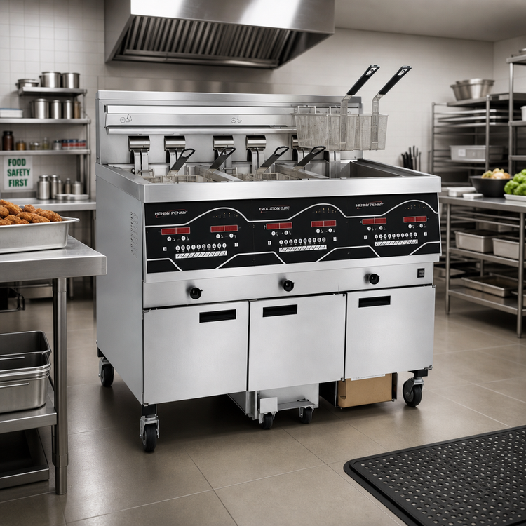 Product image #2 for Henny Penny Evolution Elite EEE143.0 Electric 3-Well Floor Model Open Fryer, 30 lb Full Vat Capacity