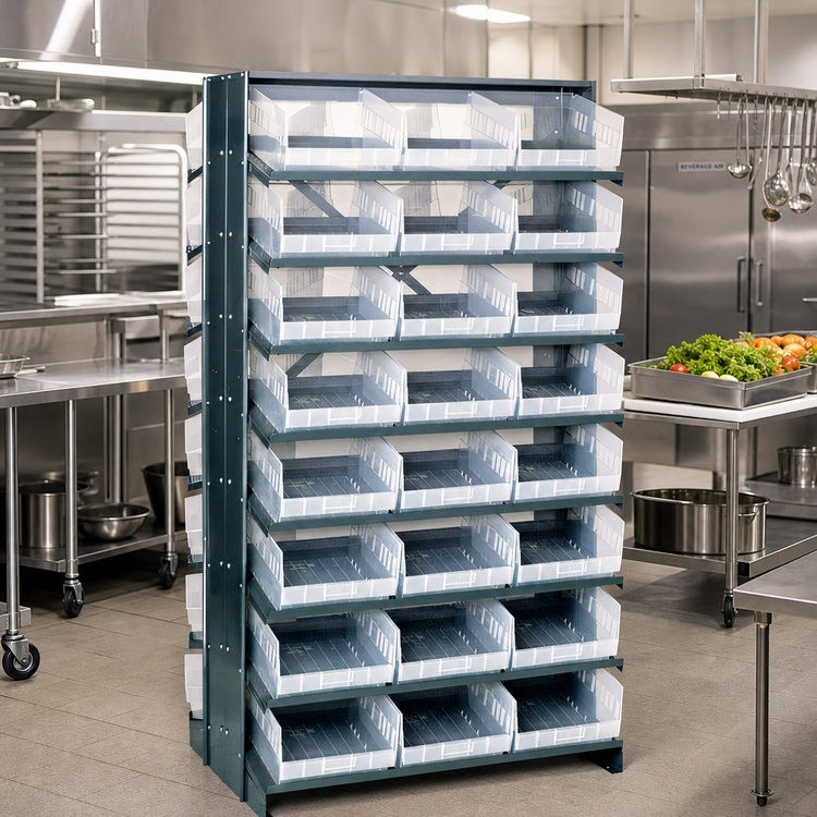 Product image #2 for Quantum Sloped Double-Sided Pick Rack with 16 Shelves and 48 Clear Bins