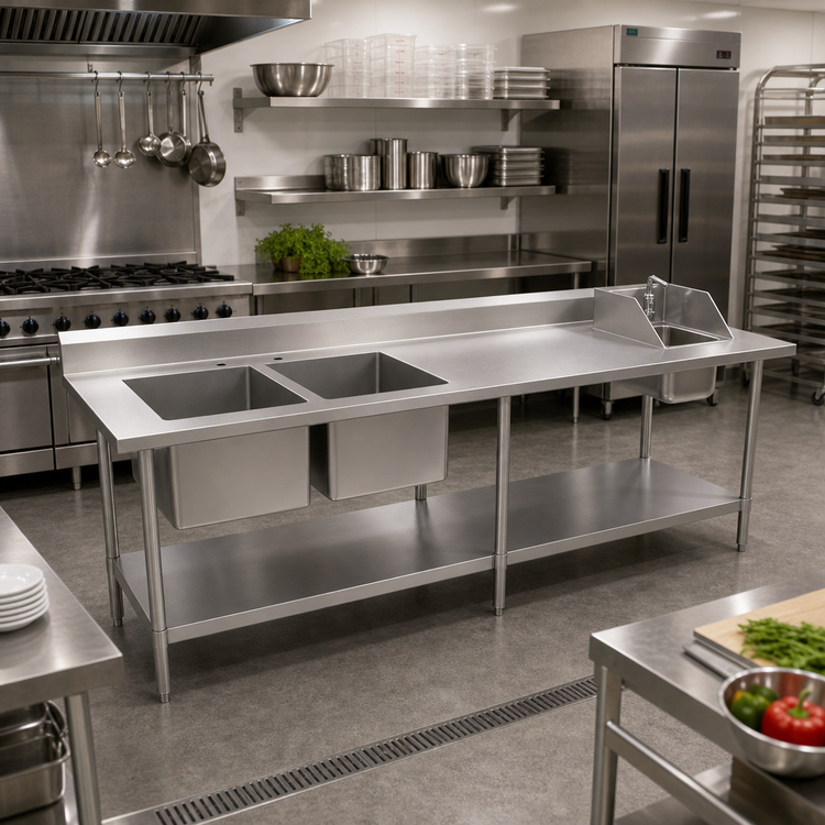 Product image #2 for 96" W x 30" D 16-Gauge 304 Stainless Steel Prep Sink Table with Left-Side Bowls and Hand Sink