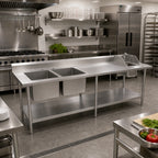Thumbnail image #2 for BK Resources BKPT-2-3096S-L 96" W x 30" D 16-Gauge 304 Stainless Steel Prep Sink Table with Left-Side Dual Bowls and Hand Sink