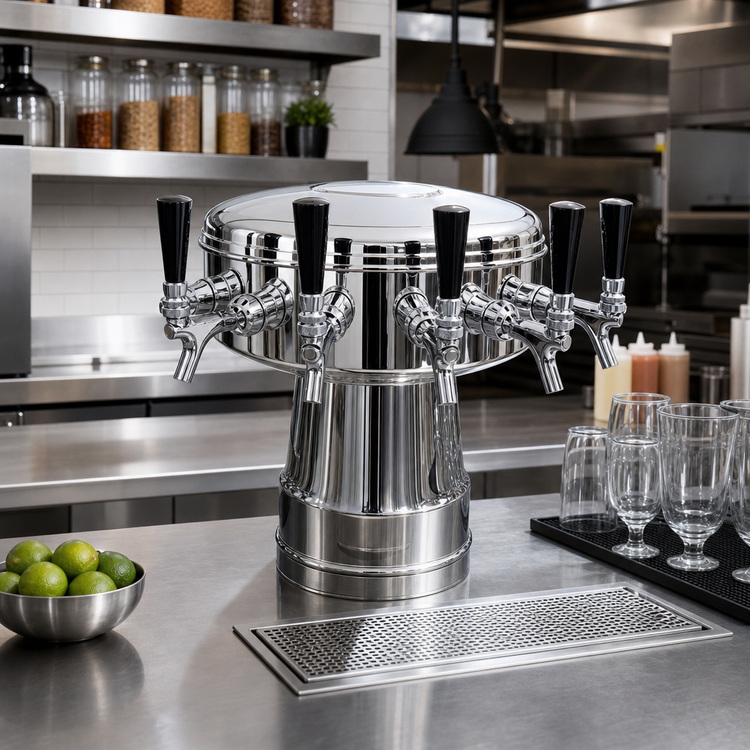 Product image #2 for Glastender 4-Faucet Countertop Mushroom Draft Dispensing Tower, Mirror Finish, Air-Cooled