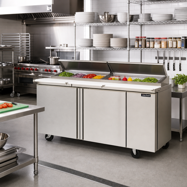 Product image #2 for Delfield Mega Top Three-Section Sandwich/Salad Prep Refrigerator, 72 Inch, 3-Door, Rear-Mounted Self-Contained R290