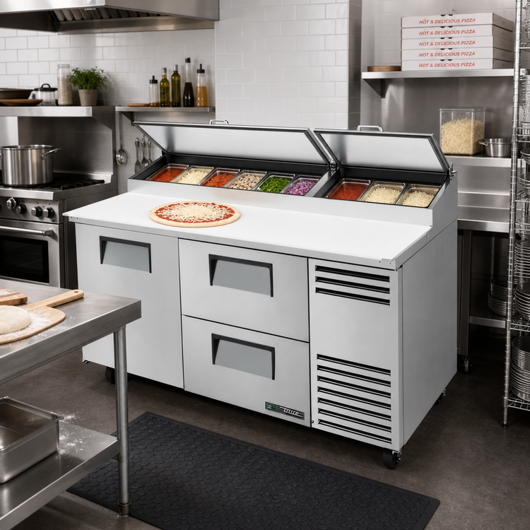 Product image #2 for True 67 3/8-Inch 2-Section Pizza Prep Table with 1 Door, 2 Drawers and Alternate Top