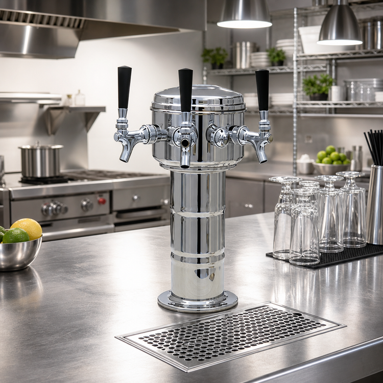 Product image #2 for Glastender Mini Mushroom 3-Faucet Draft Dispensing Tower, Mirror Finish, Glycol Cooled