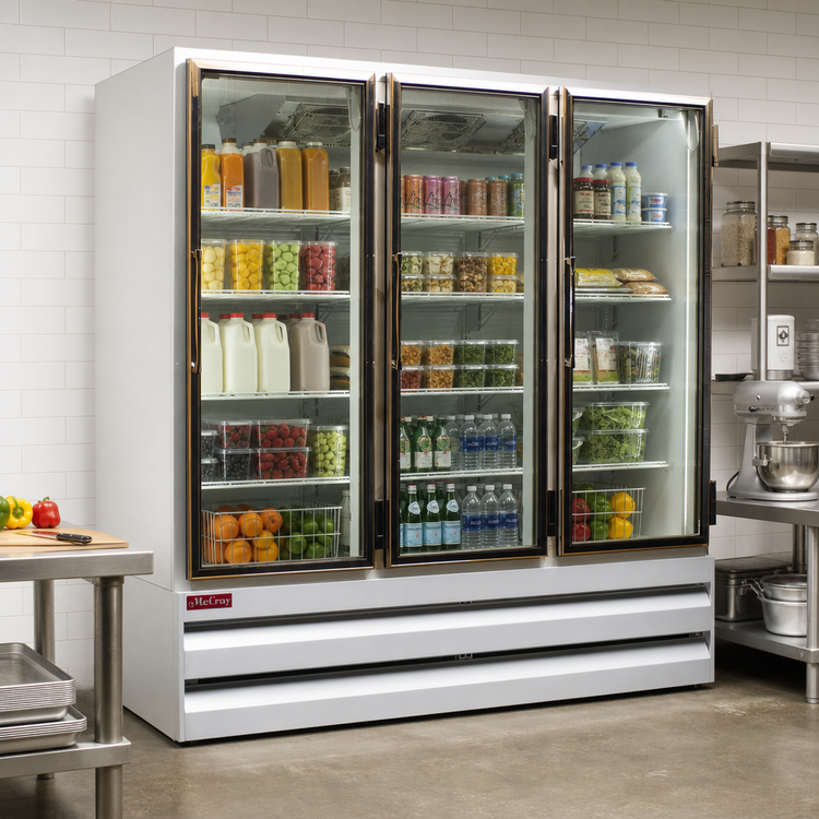 Product image #2 for Howard-McCray Three-Section Glass Door Merchandiser Refrigerator, Bottom-Mount Self-Contained, Stainless Steel, 65 Cu. Ft.