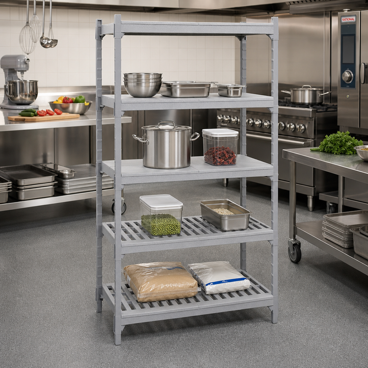 Product image #3 for Cambro Camshelving Premium 18" x 30" Vented and Solid Polymer Shelf Kit, 5 Shelves, Speckled Gray
