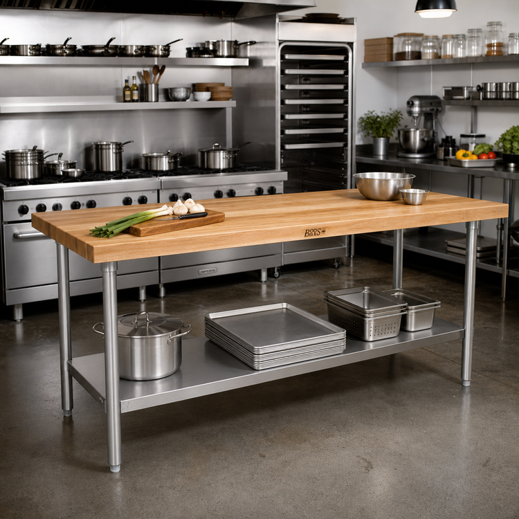Product image #2 for John Boos 108 Inch x 24 Inch Wood Top Work Table with Stainless Steel Base and Adjustable Undershelf