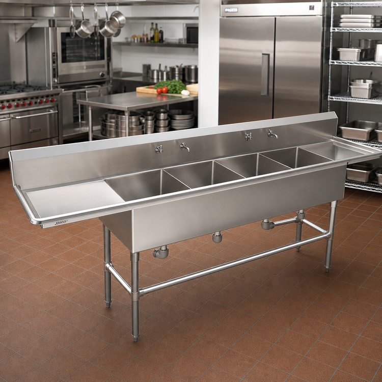 Product image #2 for John Boos Pro-Bowl 4-Compartment Sink with Dual Drainboards, 20" x 20" Bowls, 14-Gauge Stainless Steel