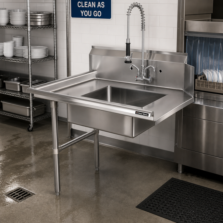 Product image #2 for Steel Works Stainless 48-Inch Left-to-Right Soiled Dish Table with 20 x 20 x 5 Pre-Rinse Bowl