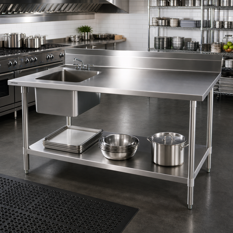 Product image #2 for John Boos 72-Inch Stainless Steel Work Table With Prep Sink, Left Bowl, 5-Inch Backsplash, and Undershelf