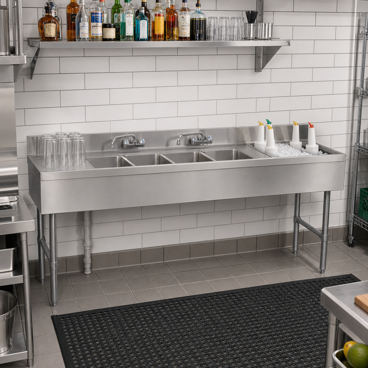 Product image #2 for Advance Tabco Underbar Basics 84-Inch 3-Compartment Deep-Drawn Stainless Steel Hand Sink and Ice Bin Combo with Deck-Mount Faucet, Right Ice Bin