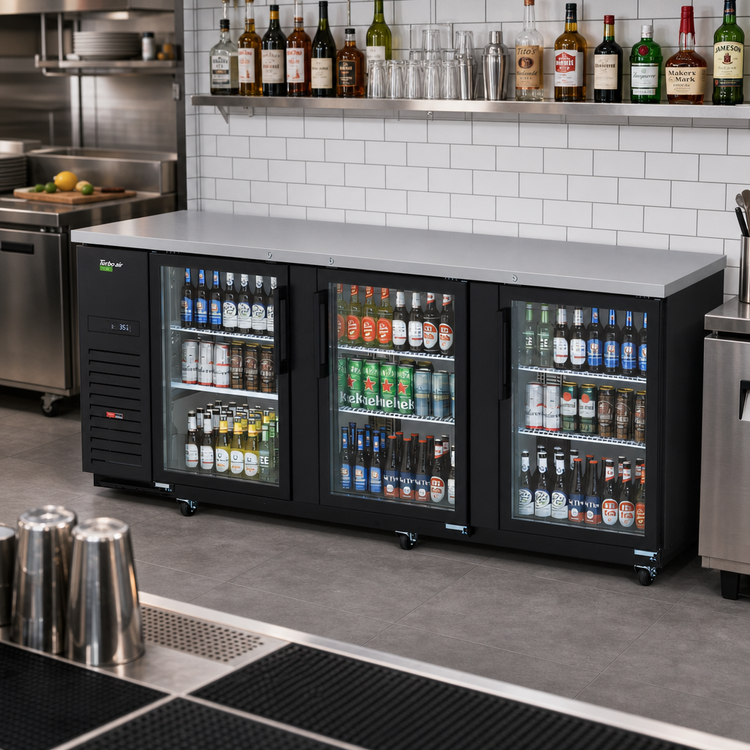 Product image #2 for Turbo Air Super Deluxe Three-Section Glass Door Back Bar Cooler, 90-3/8" W, Front-Breathing, Side-Mount