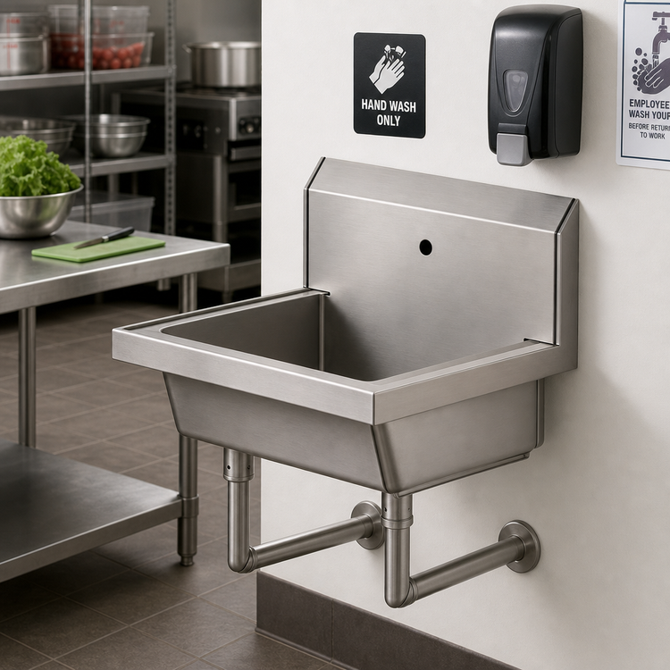Product image #2 for BK Resources Single Station Wall-Mounted Hand Wash Sink with Splash Mount Faucet Hole, 24" W x 19-7/8" D x 8" Deep Bowl