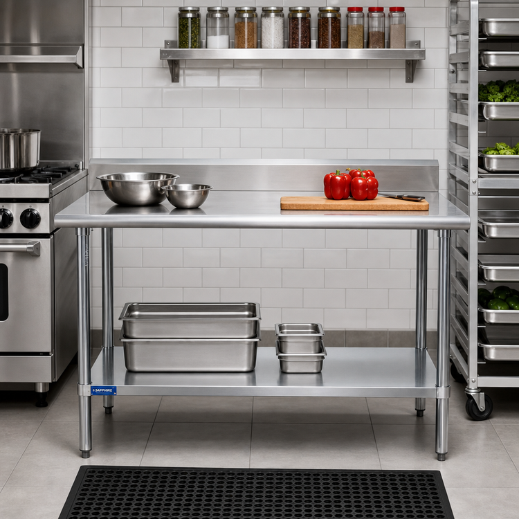 Product image #2 for Sapphire Manufacturing 48-Inch x 24-Inch Stainless Steel Work Table with 5-Inch Backsplash and Undershelf