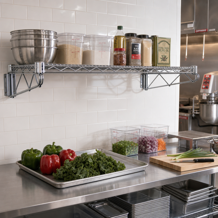 Product image #2 for Quantum Cantilever Wall-Mount Wire Shelf Unit, Single Shelf, 60W x 18D, Gray Epoxy Coated