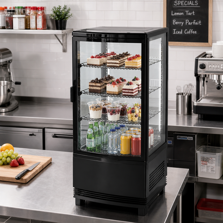 Product image #2 for Omcan 17-Inch Countertop Four-Sided Glass Refrigerated Showcase, Single Door, 2.9 Cu. Ft.