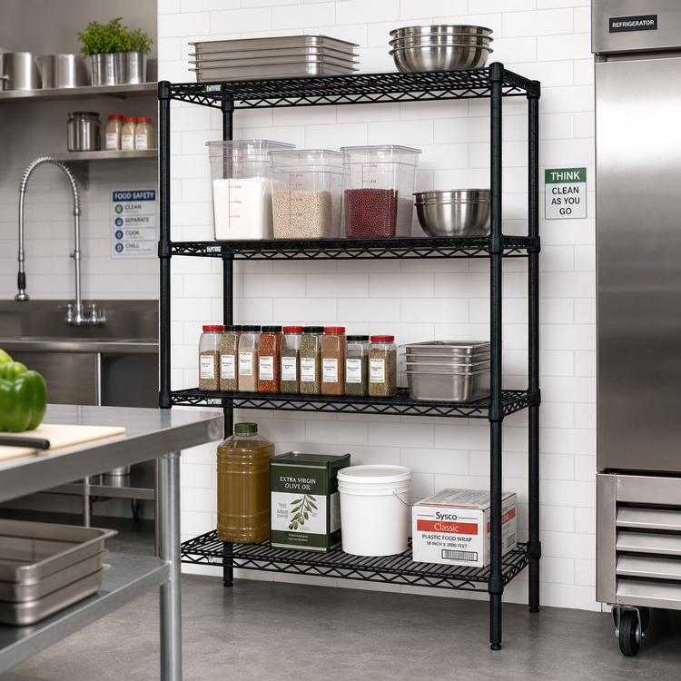 Product image #2 for Quantum Black Epoxy Antimicrobial Wire Shelving Starter Kit, 42 x 12 x 63 Inches, 4-Shelf Stationary Unit