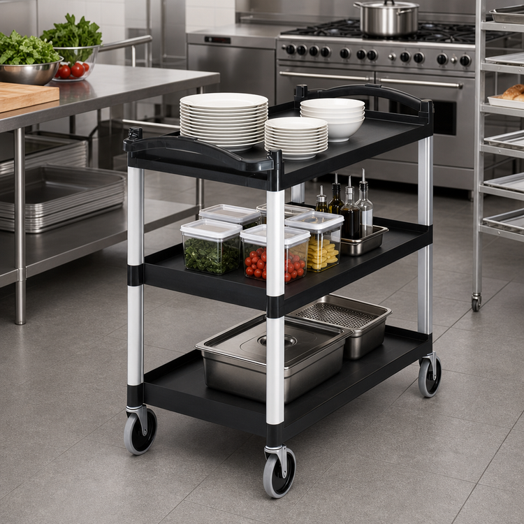 Product image #3 for Cambro KD Large Open-Design 3-Shelf Bus Cart, Black, 5-Inch Swivel Casters